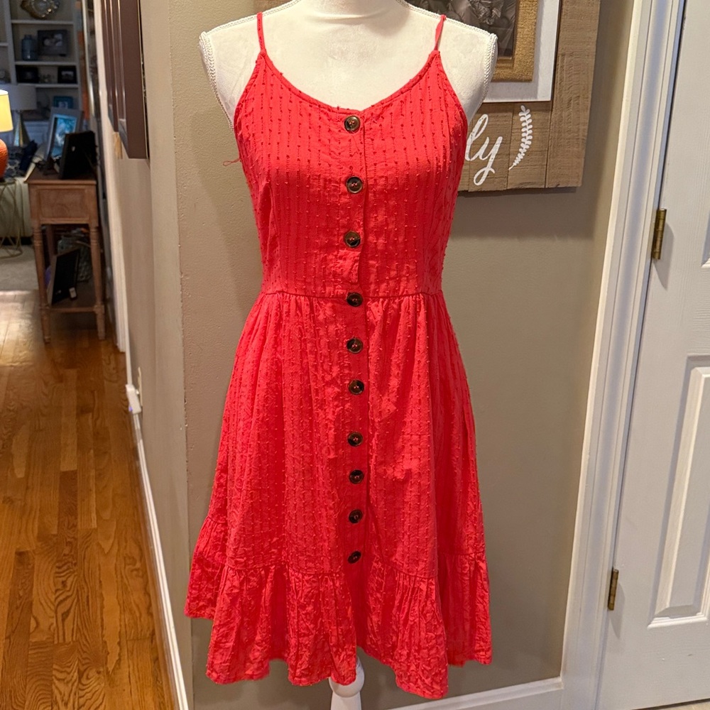 Women’s Japan Summer MIDI Coral Red Button Down Spaghetti Strap Dress Sz medium
